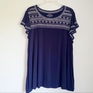 Torrid Flutter Sleeve Super Soft Knits Navy With White Embroidery Top 1X